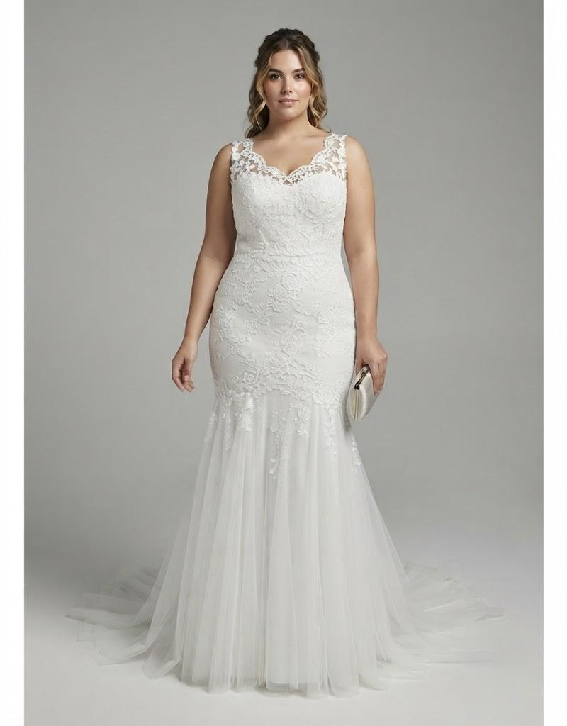 Vestido de novia de corte sirena con detalles de encaje floral y falda de tul