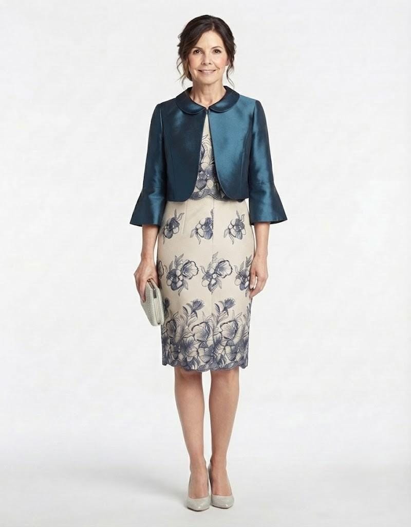 Modelo luciendo el conjunto midi con bordados florales y chaqueta bolero azul petróleo a juego.