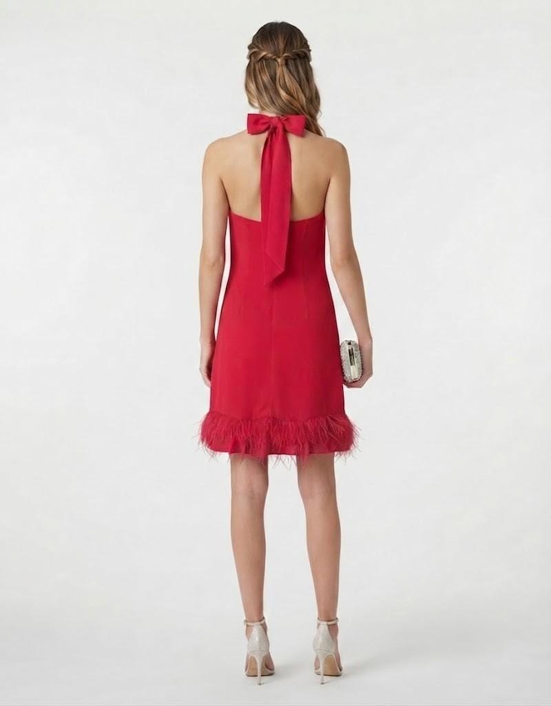 Vista trasera de vestido corto rojo de fiesta con detalle de lazo en cuello halter y plumas en el bajo.